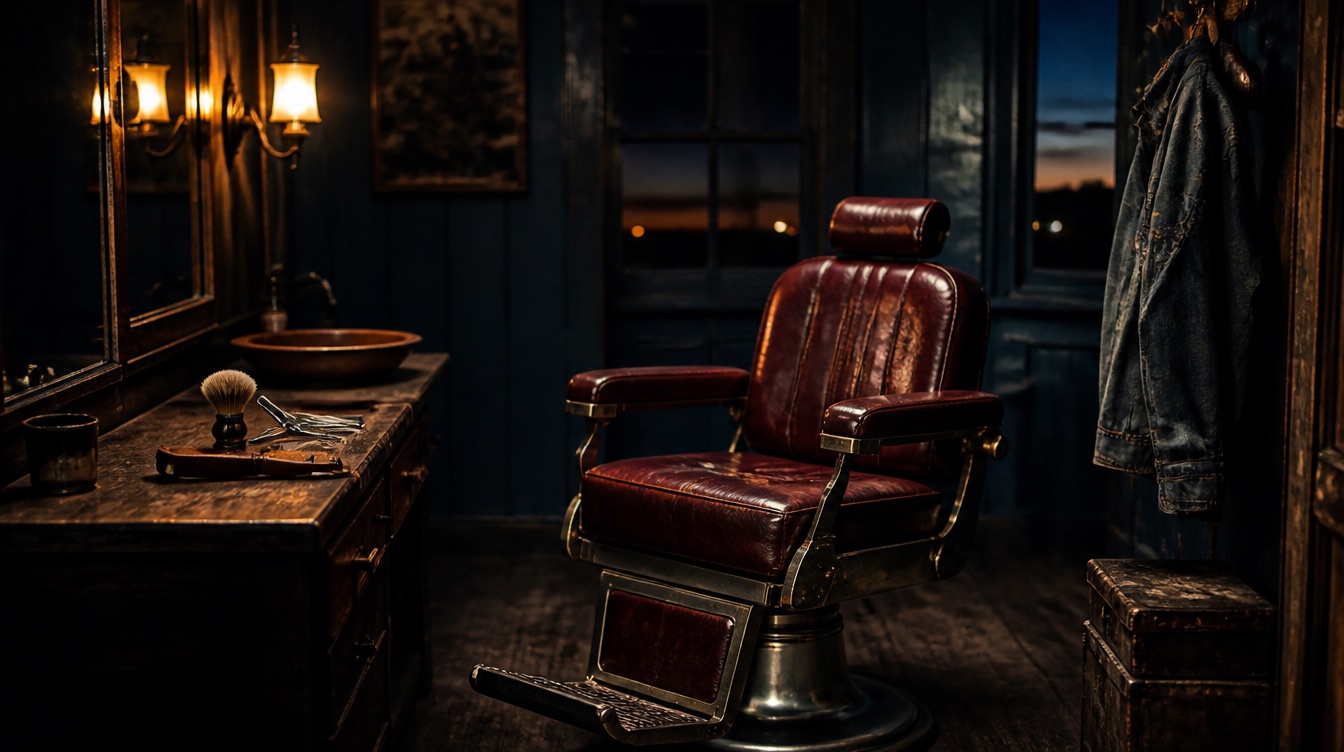 Vintage barber chair in a moody navy barbershop lit by warm sconces